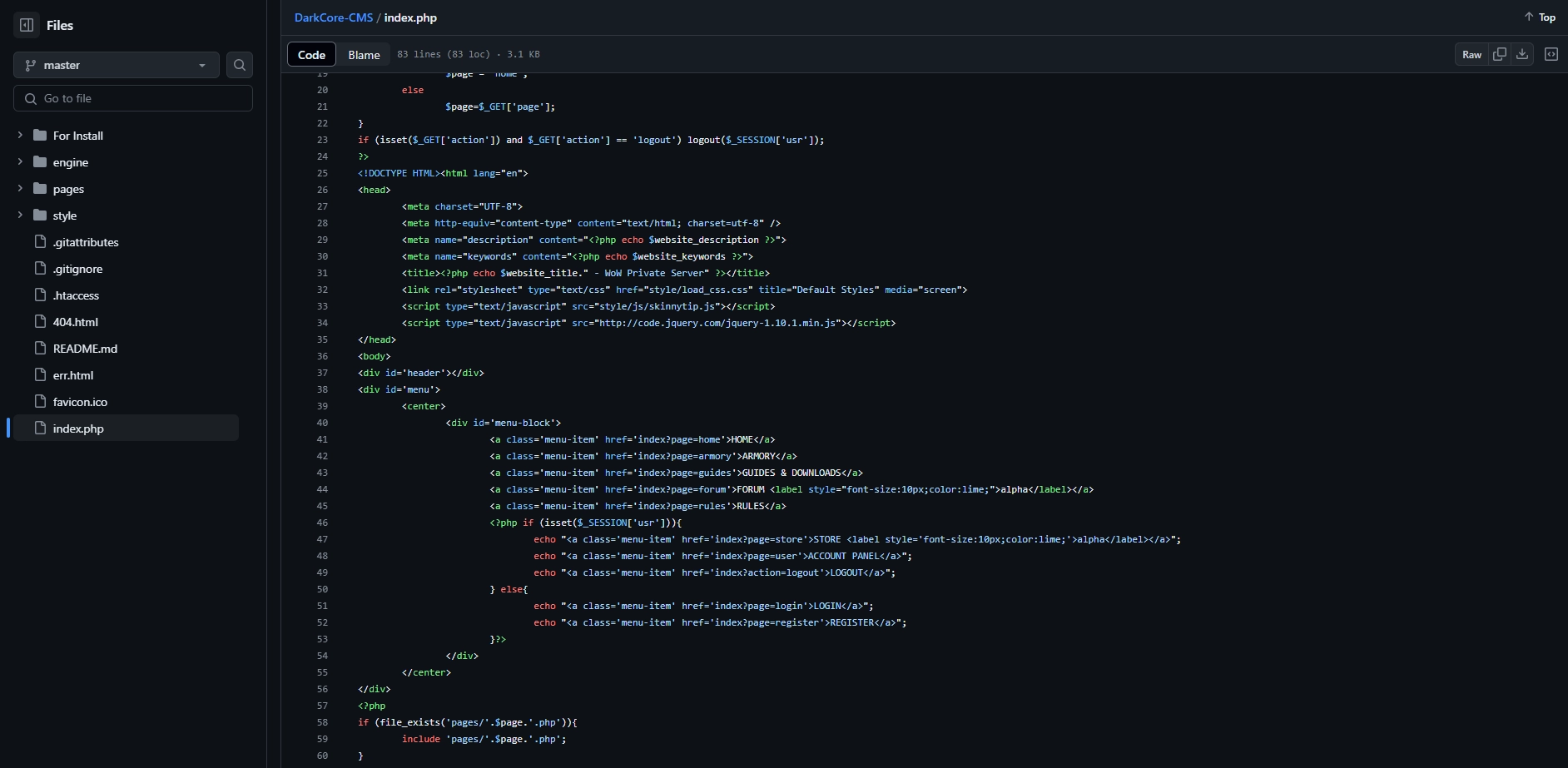 DarkCore CMS—first WoW CMS project screenshot