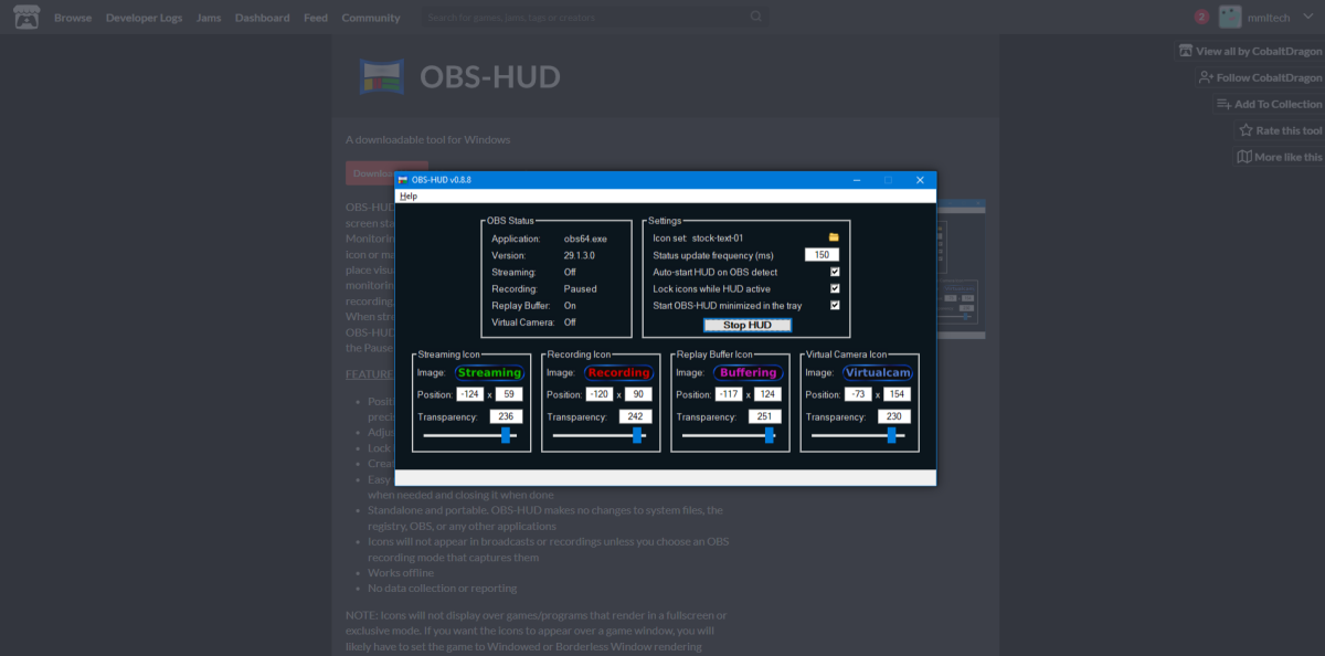 Monitor OBS streaming and recording activity with OBS HUD