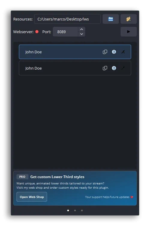 Smart Lower Thirds dock panel listing available lower thirds