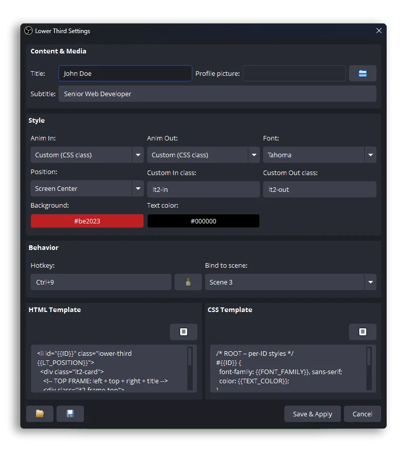 Smart Lower Thirds settings dialog inside OBS