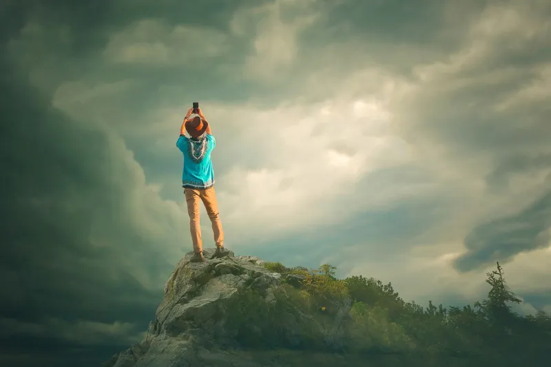 Travel streamer recording in a quiet European square