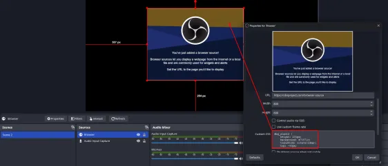 Custom CSS field highlighted in OBS Browser Source settings